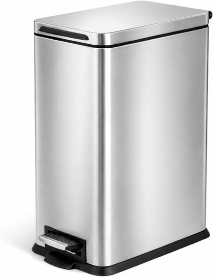4 Gallon Stainless Steel Slim Kitchen Trash Can | Stainless Steel with Soft-Close Step Pedal Lid, Bag Tuck Band for