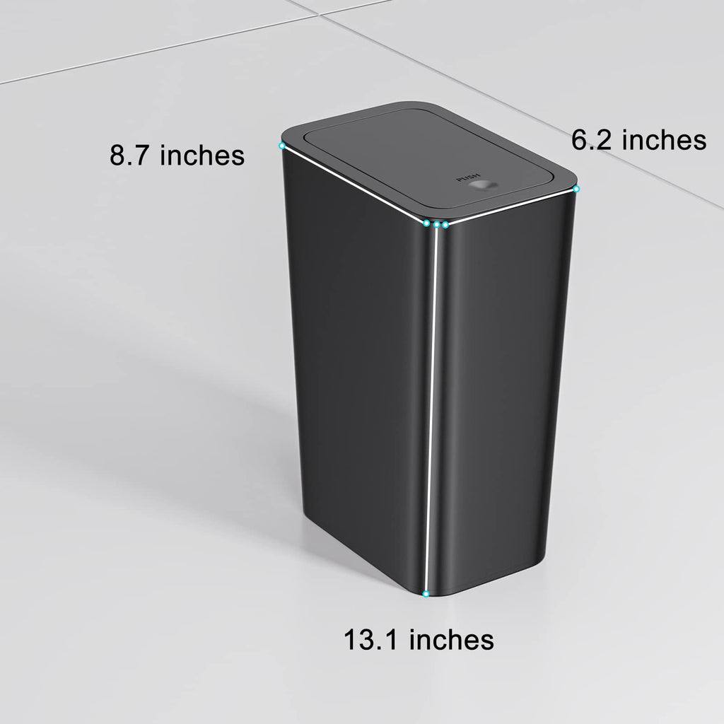 NETDOT 3 Pack 10 L/2.6 Gal Bathroom & Kitchen Trash Can with Press Type Lid, Black Slim Garbage Cans for Bathroom