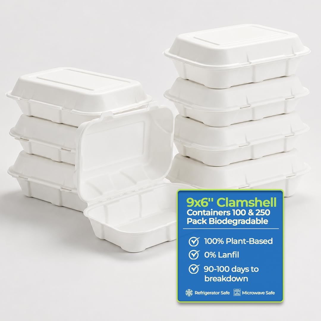 . 9x6 '' Compostable Clamshell Containers, 100 Pack, Eco-Friendly Disposable Takeout Food Boxes, Biodegradable To-Go