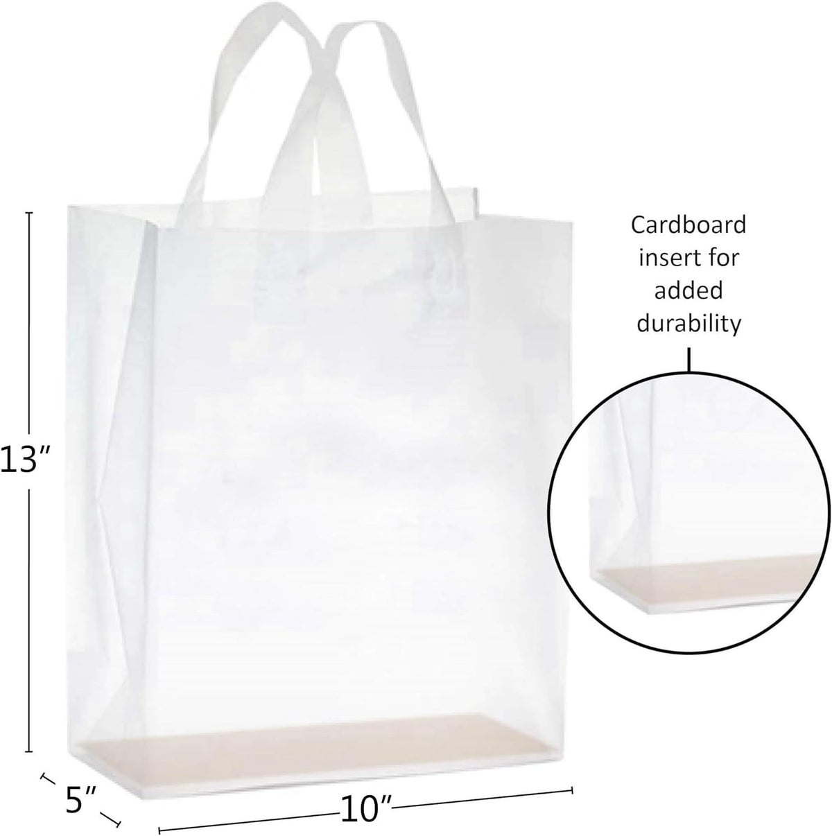 Frosted Shopping Bags with Handles and Cardboard Insert - 10" W x 13 H x 5" Side Gusset - Durable & Reusable