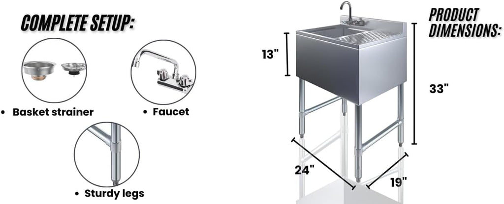 19" x 24" Stainless Steel One Compartment Sink - Express KitchQuip NSF