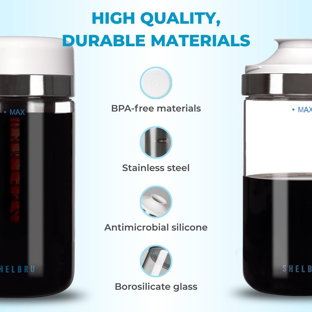 Cold Brew Coffee Maker Set (Brewer & Carafe), Up to 12 Servings of Concentrate, Reusable Stainless Steel Dual Filter