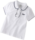 Girls Polo Shirt, White Short Sleeve Peter Pan Collar Top with Navy Trim, Ages 4-12