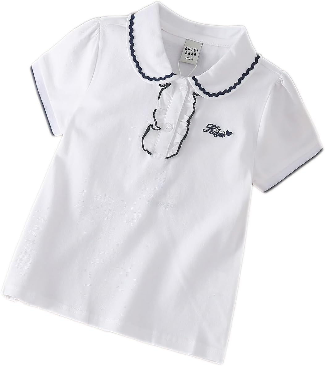 Girls Polo Shirt, White Short Sleeve Peter Pan Collar Top with Navy Trim, Ages 4-12