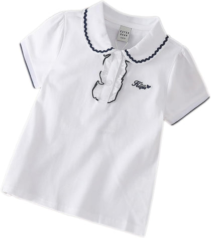 Girls Polo Shirt, White Short Sleeve Peter Pan Collar Top with Navy Trim, Ages 4-12