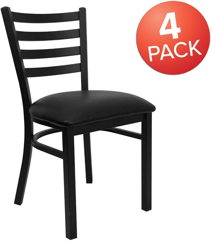 4 Pk. HERCULES Series Black Ladder Back Metal Restaurant Chair - Black Vinyl Seat