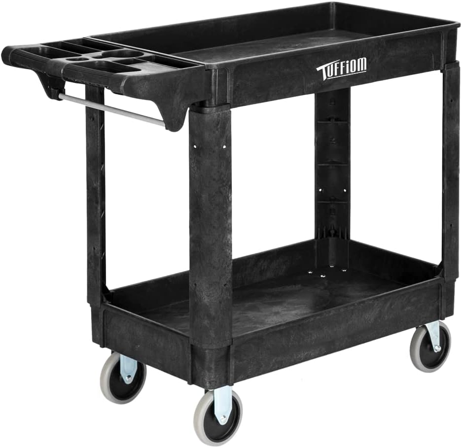 Plastic Service Utility Cart with Wheels, 550lbs Capacity Heavy Duty Tub Storage Cart W/Deep Shelves, Multipurpose