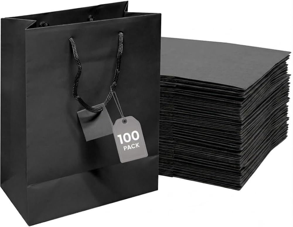 Novel Box Black Gift Bags with Handles, 100 Pack, 8x4x10 Inches