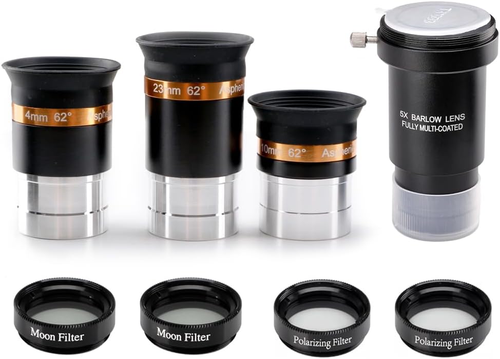 62° Aspheric Eyepiece Set, 1.25-Inch, 5X Barlow & Filters | Multi-focal eyepiece kit; fully multi-coated optics
