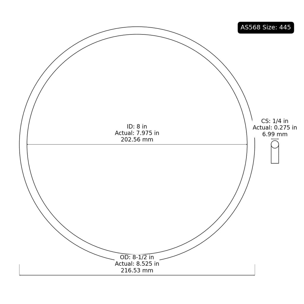 2 PK AS-445 Buna-N O-Ring, 70A 8" ID, 8-1/2" OD, 1/4" Width, Black