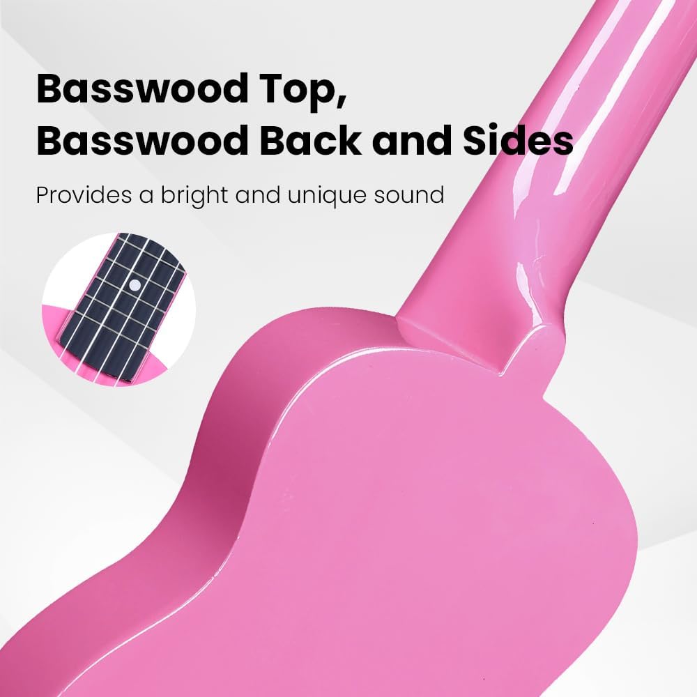 Soprano Ukulele Starter Kit For Beginners with Bag, Clip-On Tuner, Extra Strings, Strap, Plectrum, Fret Stickers