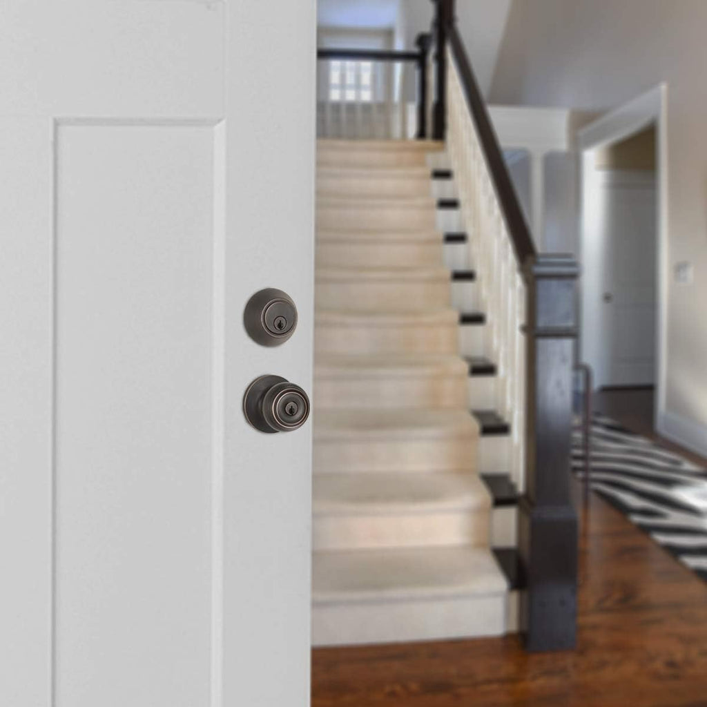 Keyed Alike Exterior Knob with Key Lock and Deadbolt, Classic, Oil Rubbed Bronze, Set of 2