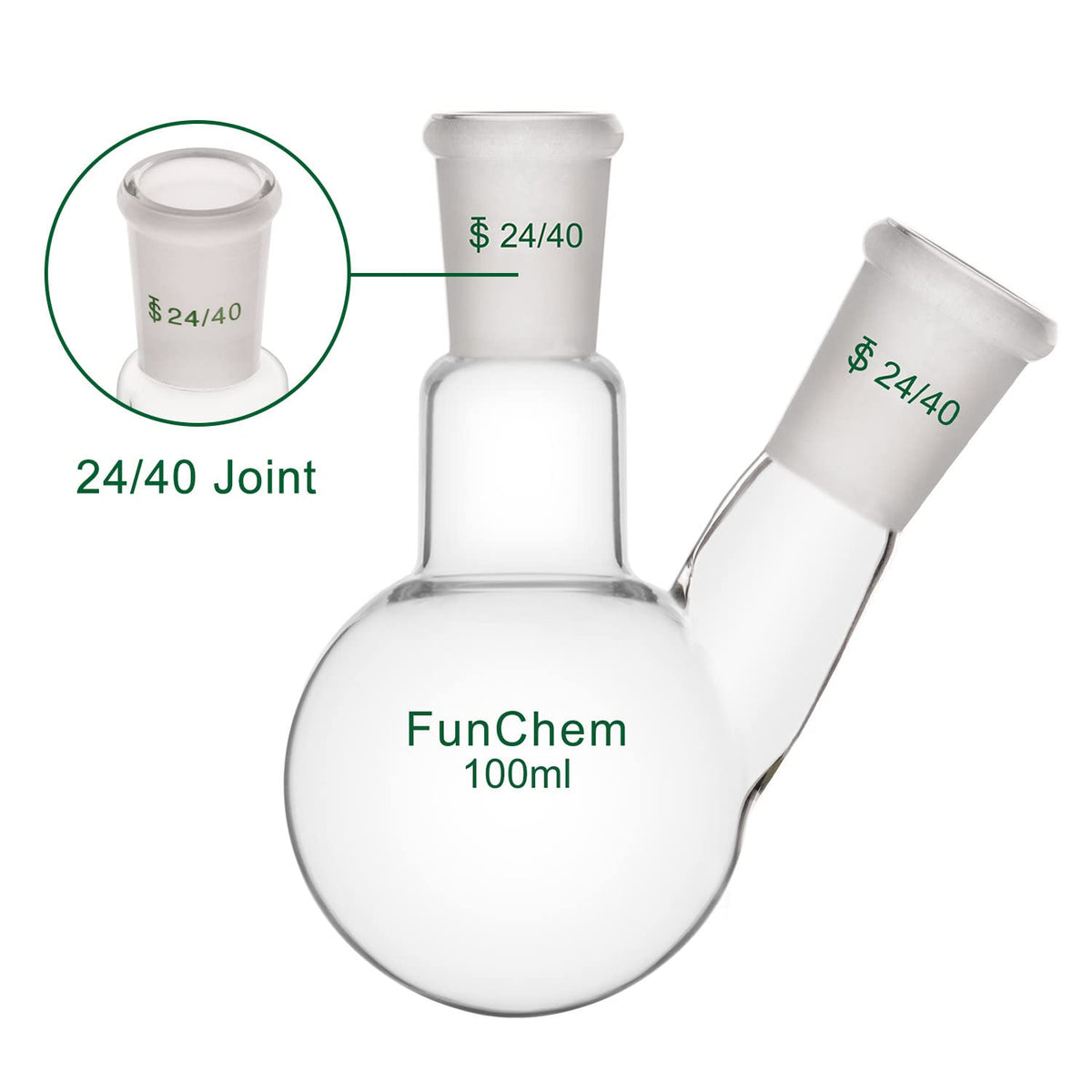 Glass Round Bottom Flask 24/40, 2 Neck Round Bottom Receiving Boiling Flask RBF, with 24/40 Standard Taper Outer