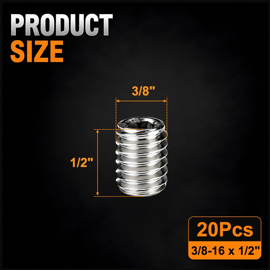 20Pcs 3/8-16 x 1/2" Set Screws, Hex Socket Grub Screws with Cup Point