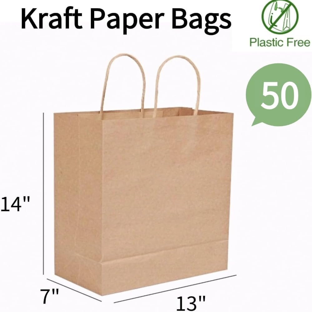 Brown Paper Bags with Handles Bulk, 13x7x14 Inch, 50 Pack