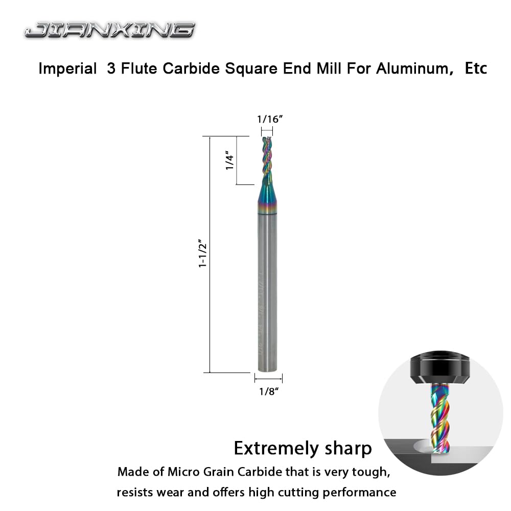 1/16" Carbide Square End Mill, 3 Flute, DLC Coating, 4 Pcs