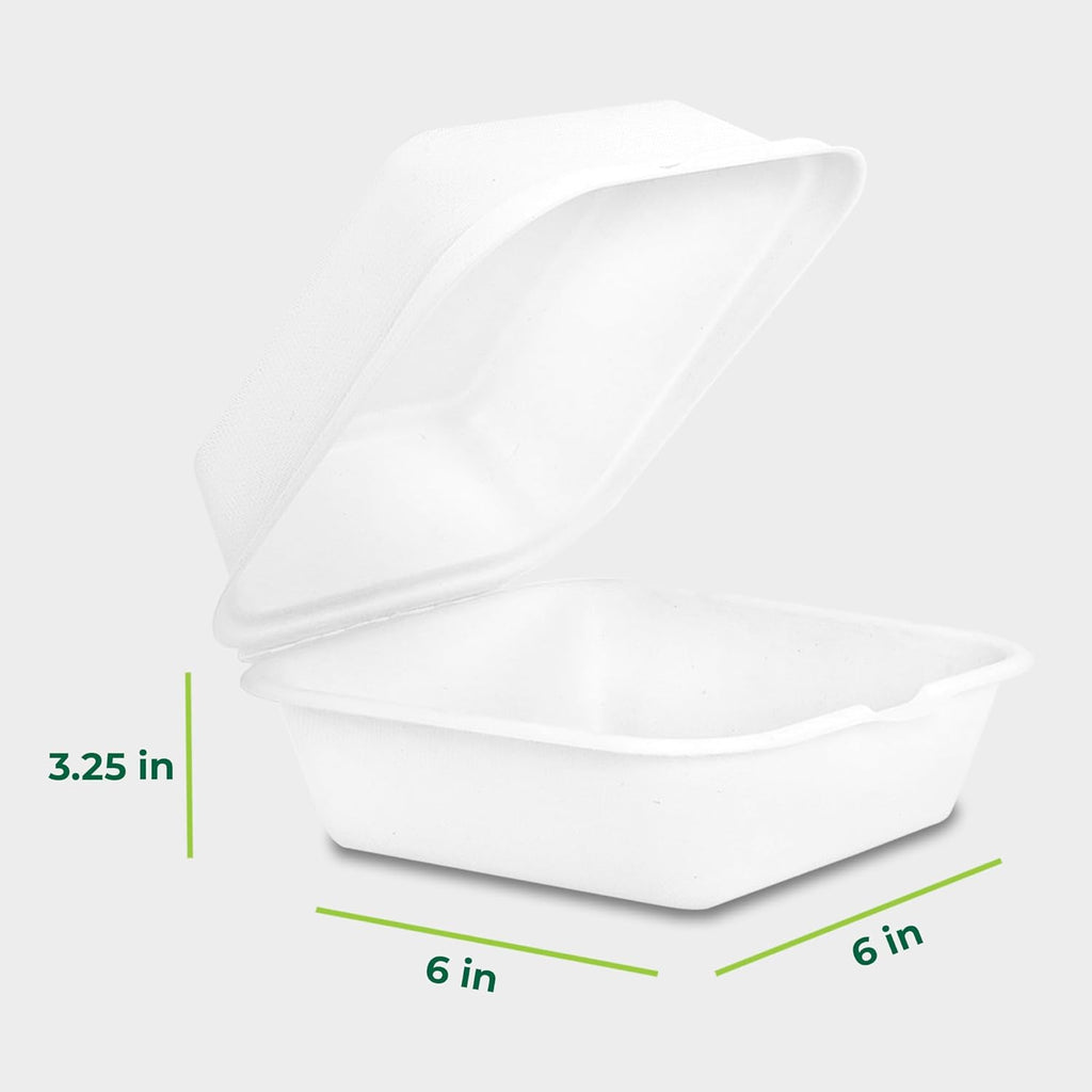 Clamshell Food Containers with Lids [6x6 50-Pack] Disposable To Go Containers, Biodegradable Sugarcane To Go Boxes
