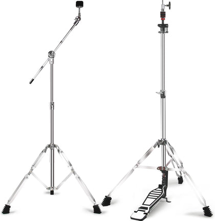 Hi Hat Stand + Boom Cymbal Stand Set for Crash, Ride, Splash Cymbal | Upgraded 3-Leg Adjustable Hi-Hat Cymbal Stand