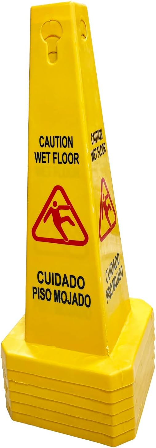 Pack of 6 Floor Safety Cone, Caution Wet Floor Sign Cones, 4 Sided Sign Cones, Yellow