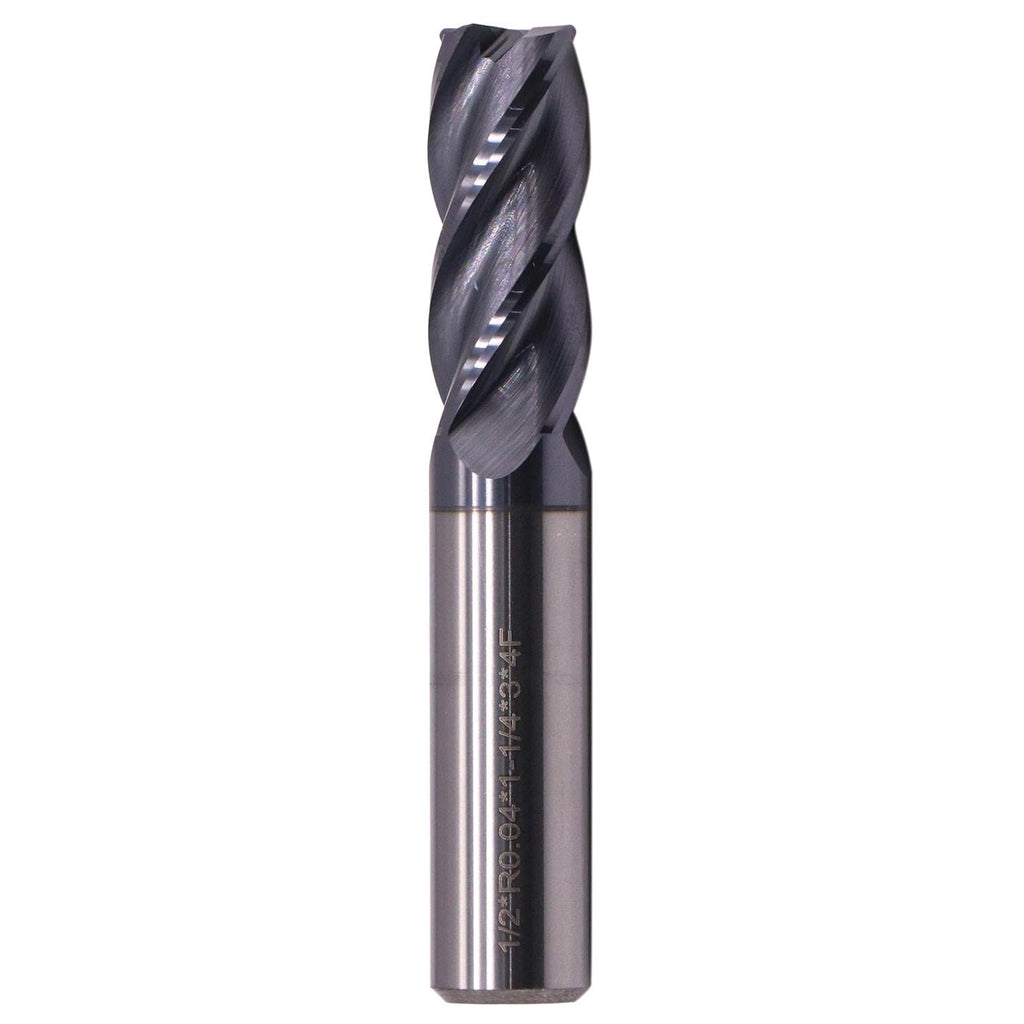 1/2" 4 Flute Solid Carbide End Mill, 0.04" Corner Radius, AlTiN Coated