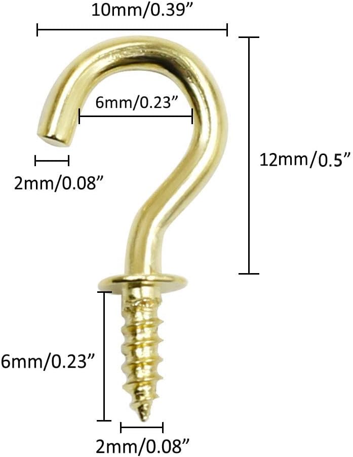 1/2" Ceiling Cup Hooks, Gold, 100 Pcs