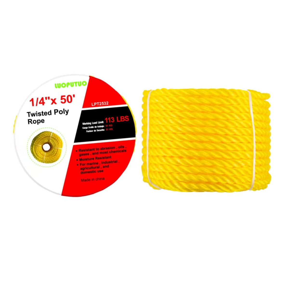 1/4 Inch × 50 FT Yellow Twisted Polypropylene Rope