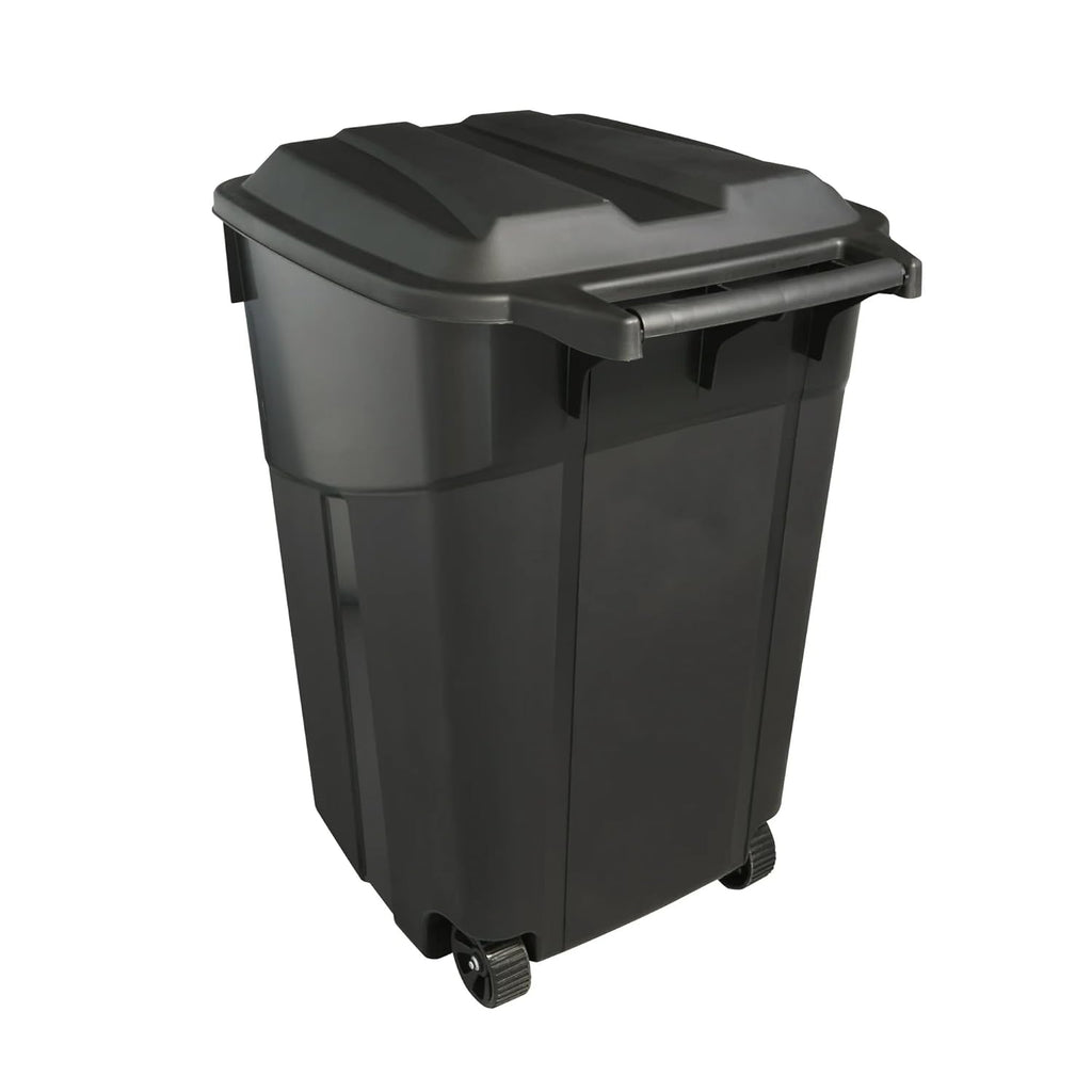 45-Gallon Heavy-Duty Wheeled Trash Can with Attached Lid, Black, Outdoor Garbage Bin