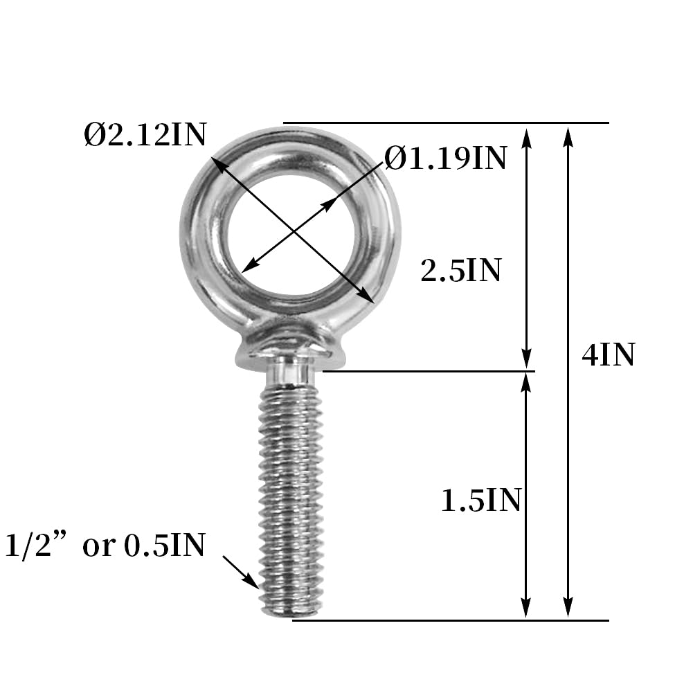 1/2"-13 x 1-1/2" UNC Lifting Shoulder Eye Bolts Marine Grade 10Pack