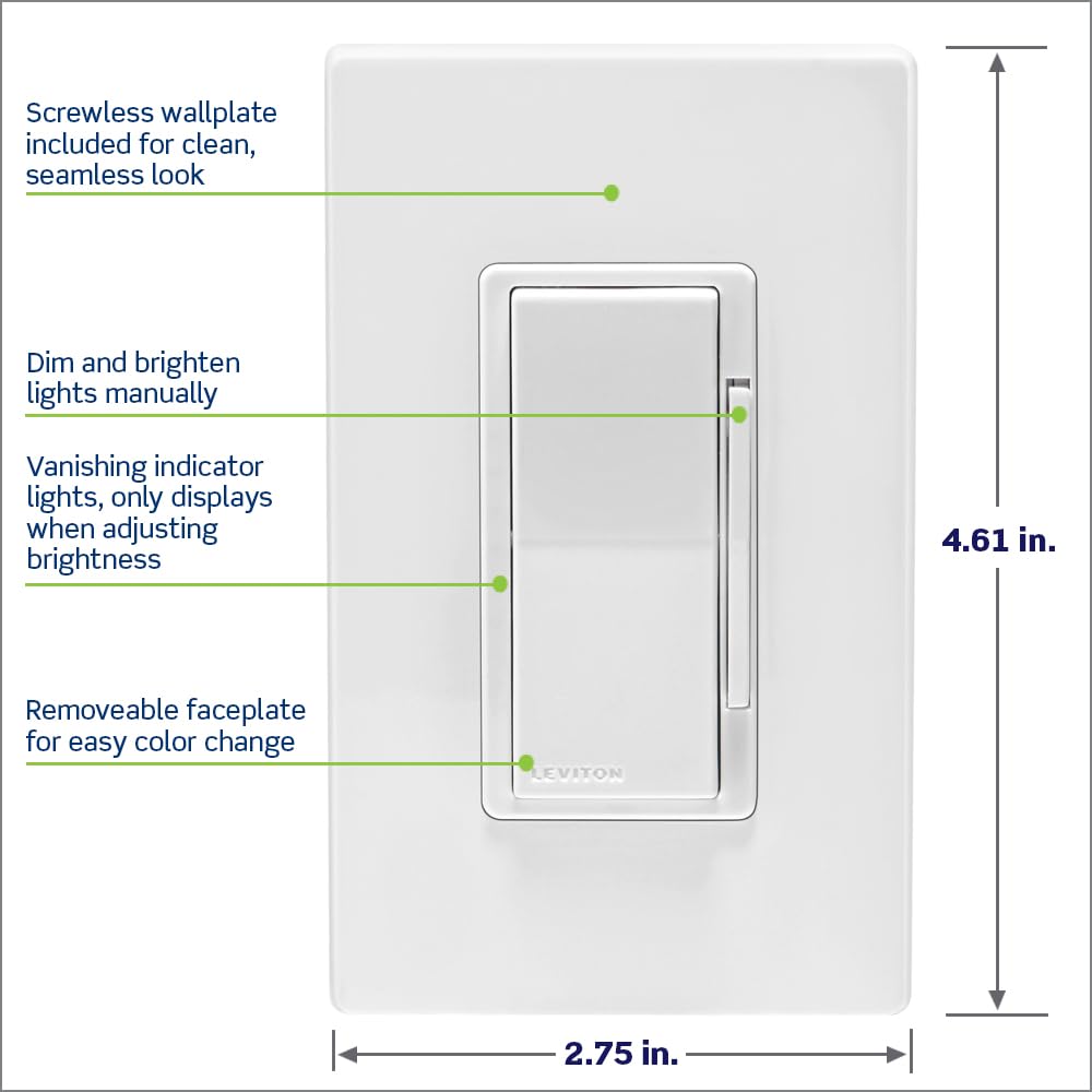 Decora Smart Dimmer Switch, 0-10V, Wi-Fi, Neutral Wire Required, Works with Matter, My Leviton, Alexa, Google