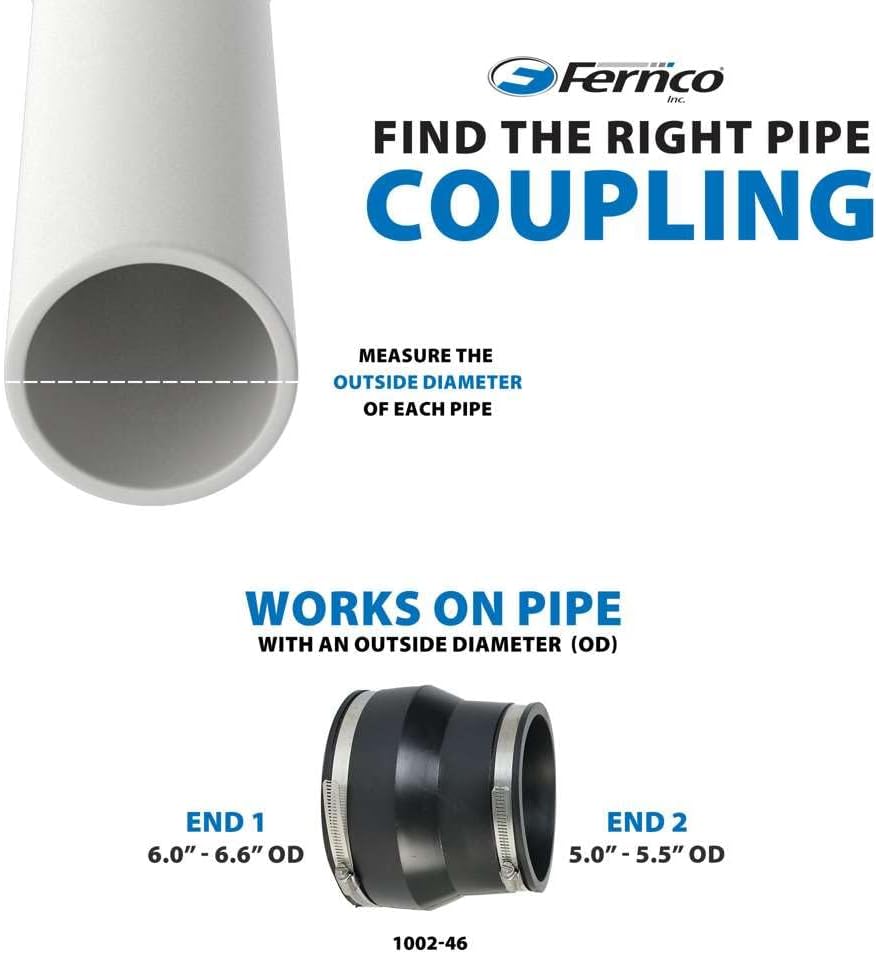 Fernco P1002-46 Flexible PVC Sewer Drain Pipe Coupling for Clay to Cast Iron, Plastic or Steel Plumbing Waste Connections 4" x 6"