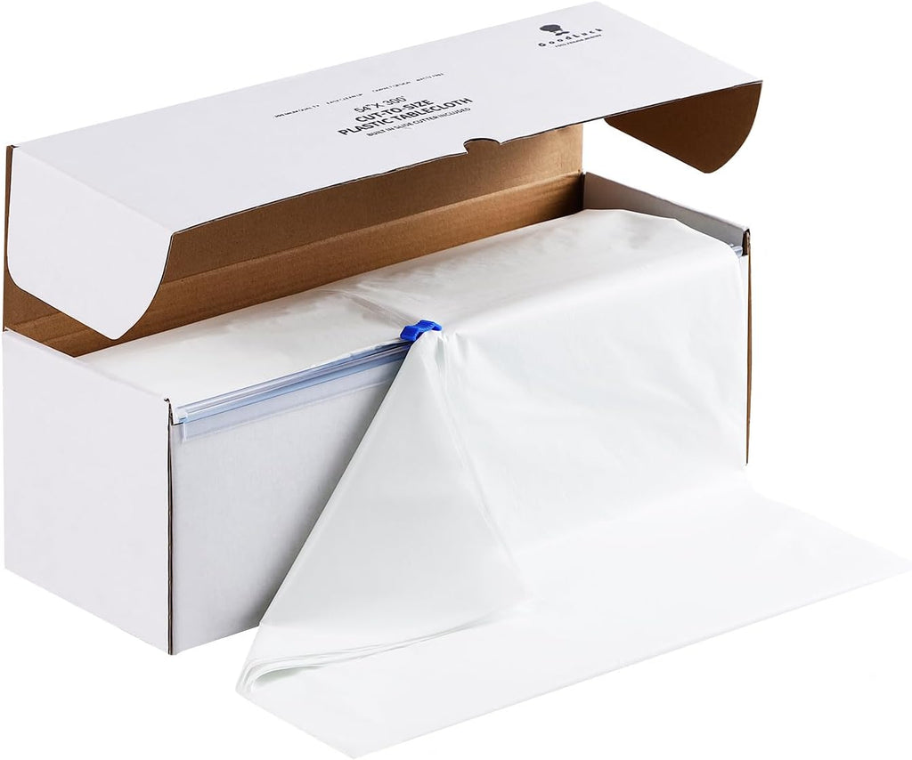 54 Inch X 300 Feet Plastic Table Cloths with Cutter Box, White Disposable Table Cover Roll, Plastic Tablecloth for