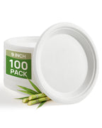 9 Inch White Compostable Sugarcane Paper Plates, 100 Pack