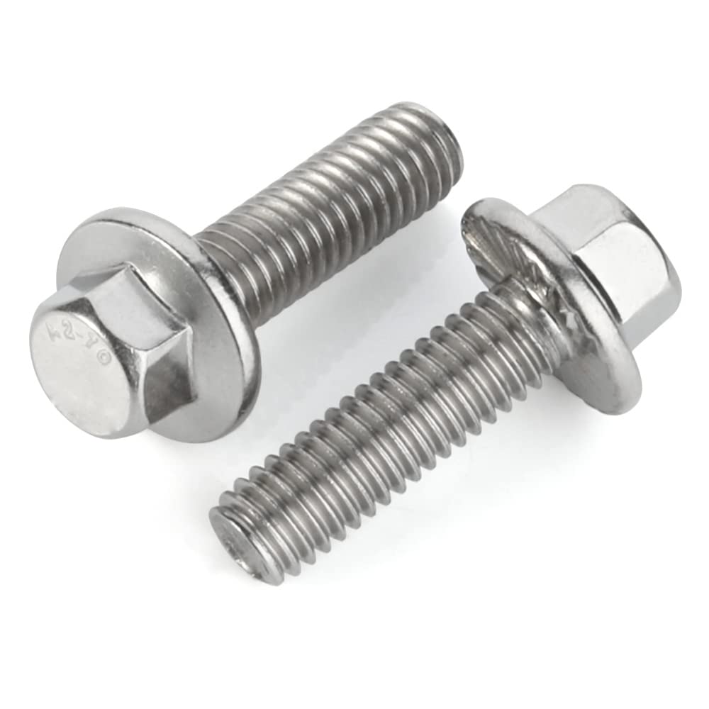 M6-1.0 x 16mm Flanged Hex Head Bolts Flange Hexagon Screws, Stainless Steel 18-8 (304), Plain Finish, 25 PCS
