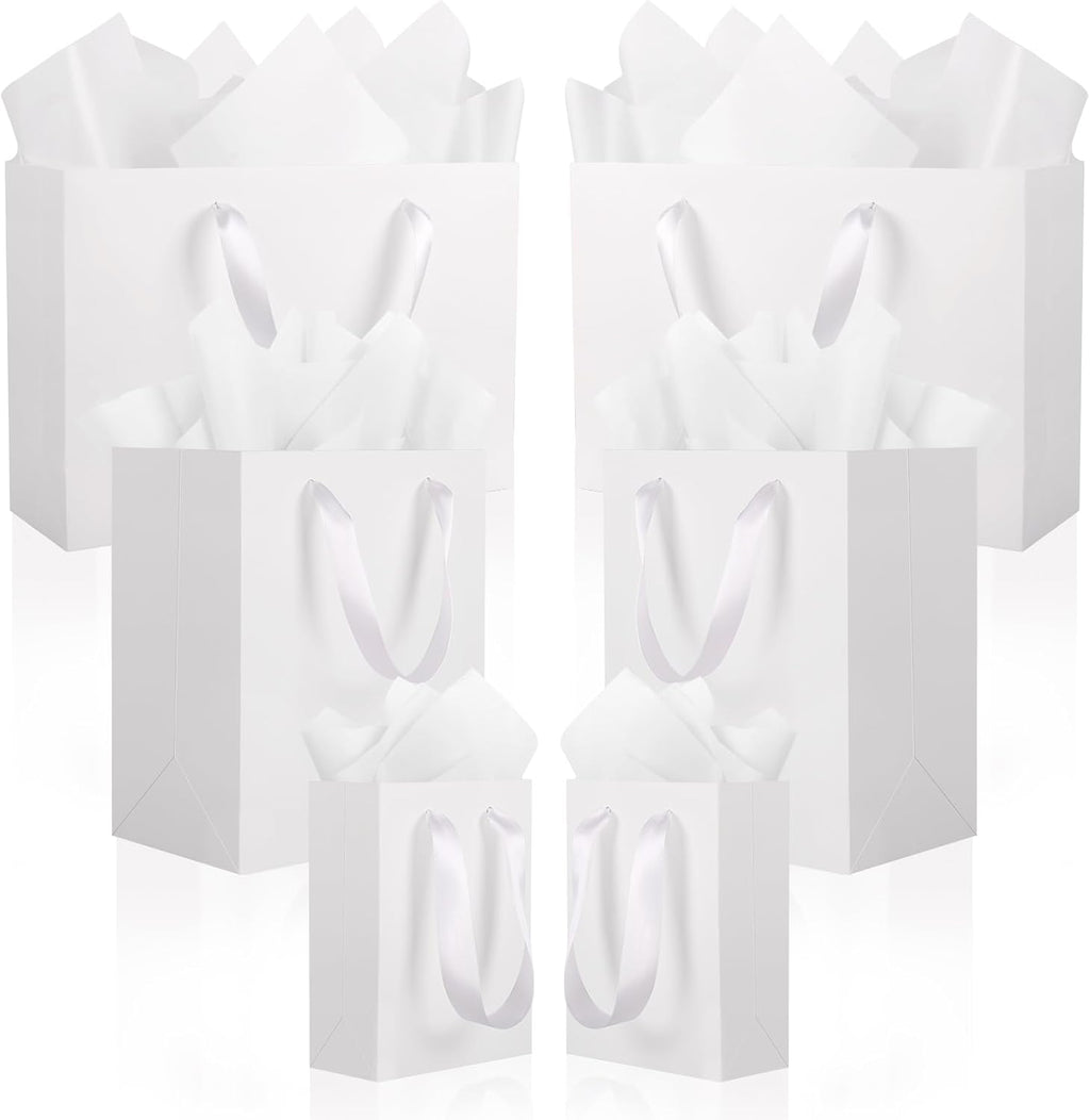 6 Pack White Gift Bags with Handles and 12 Tissue Papers