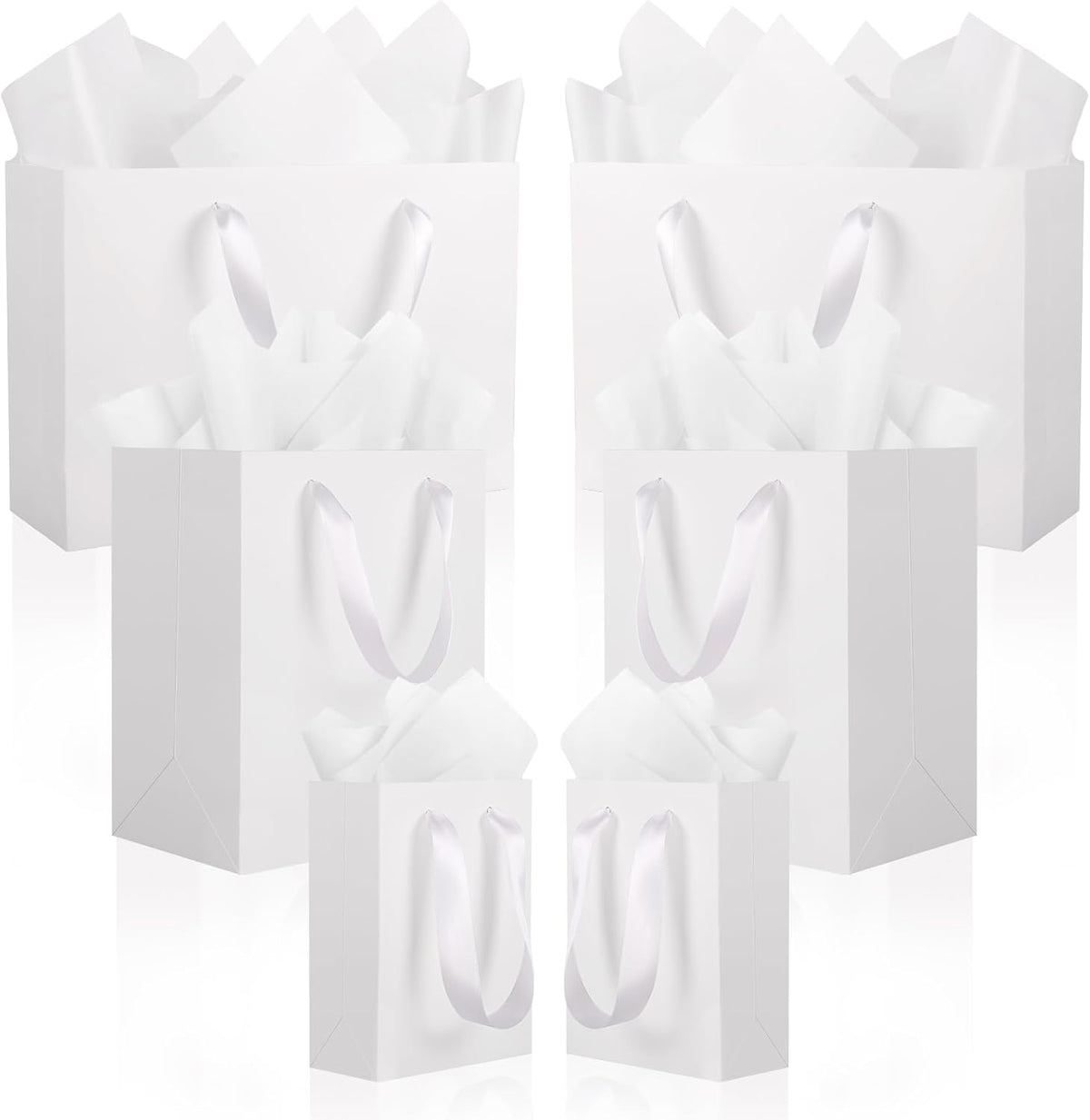 6 Pack White Gift Bags with Handles and 12 Tissue Papers