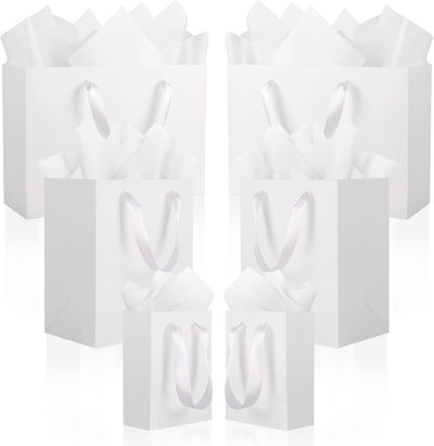 6 Pack White Gift Bags with Handles and 12 Tissue Papers