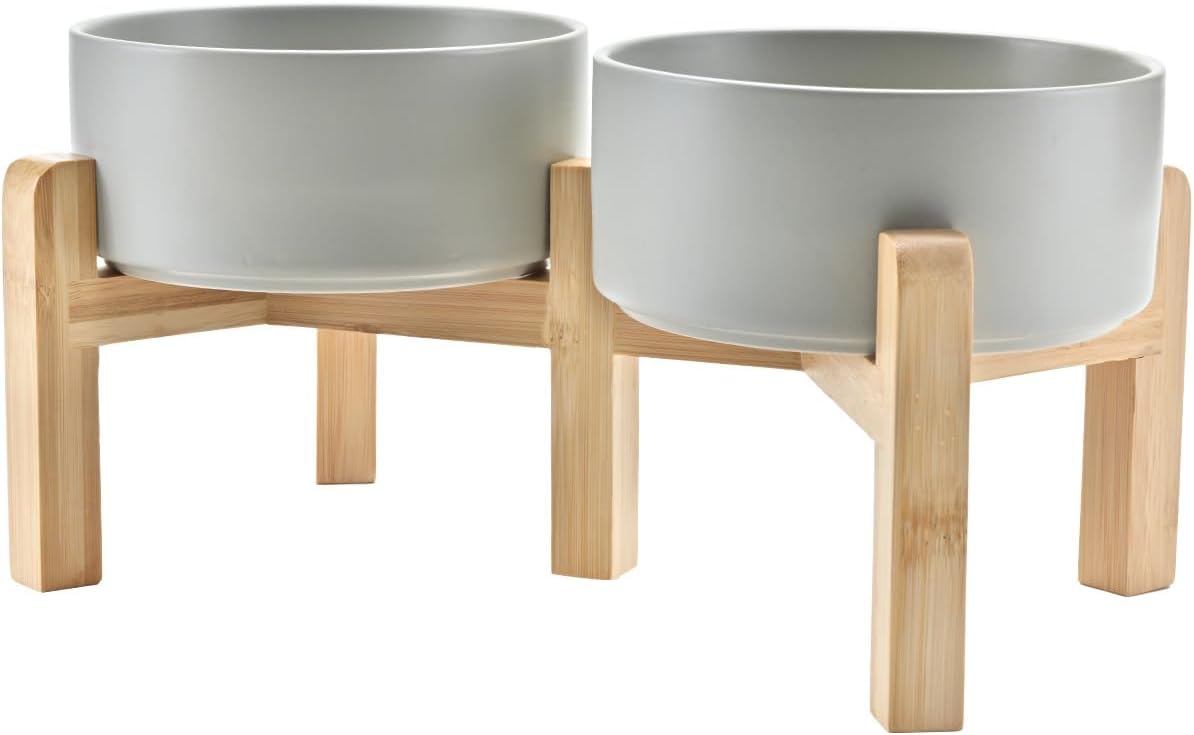 Elevated Dog Bowls Ceramic, 6.1'' Dogs and Cat Food Water Bowls Raised with Non-Slip Bamboo Stand for Medium Sized