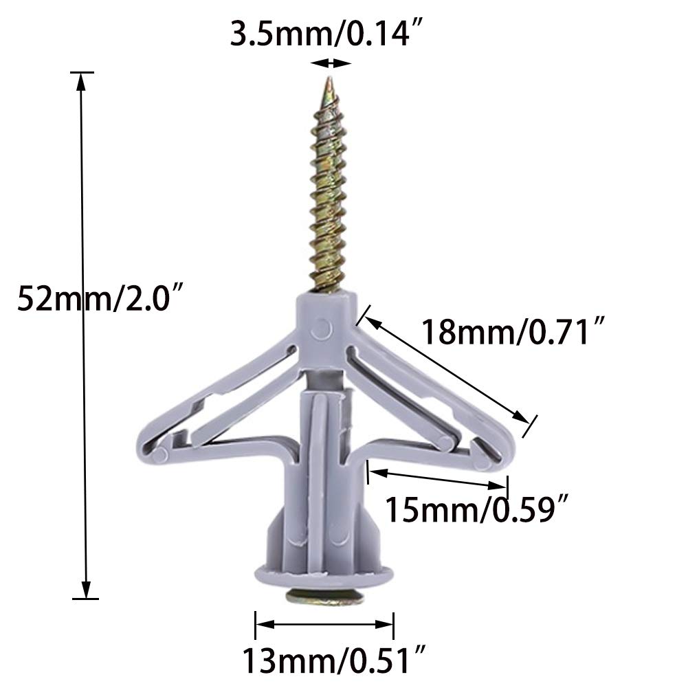 Hollow-Wall Anchors, Drywall Anchor kit with Screws, Self-Drilling Hollow Wall Anchor, Grey, 65Lbs (One Size, Anchor