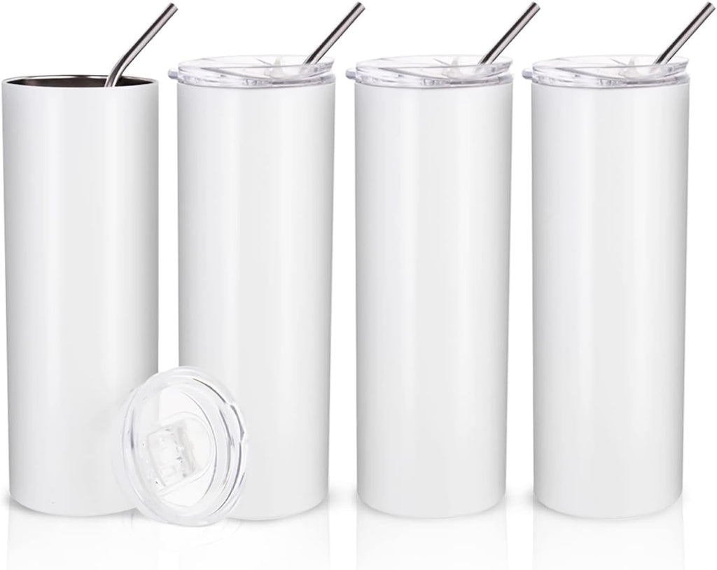 4 Pack Sublimation Blanks Tumblers Straight Skinny 20 OZ | Double Wall Stainless Steel Cups with Lids and Straw