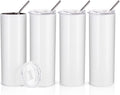 4 Pack Sublimation Blanks Tumblers Straight Skinny 20 OZ | Double Wall Stainless Steel Cups with Lids and Straw