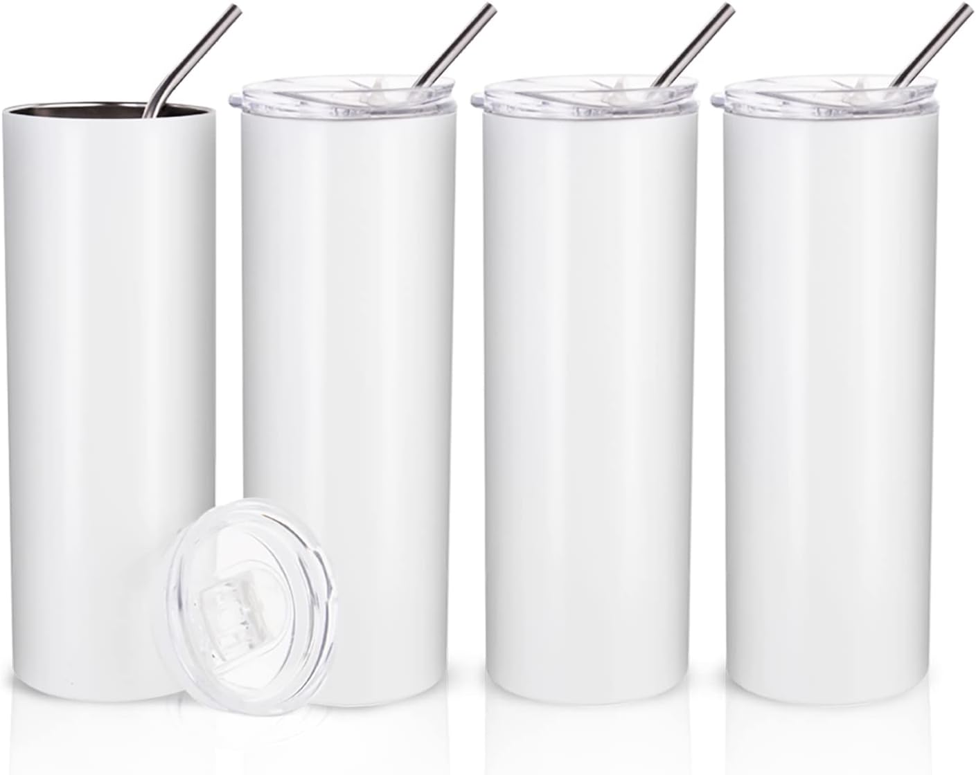 4 Pack Sublimation Blanks Tumblers Straight Skinny 20 OZ | Double Wall Stainless Steel Cups with Lids and Straw