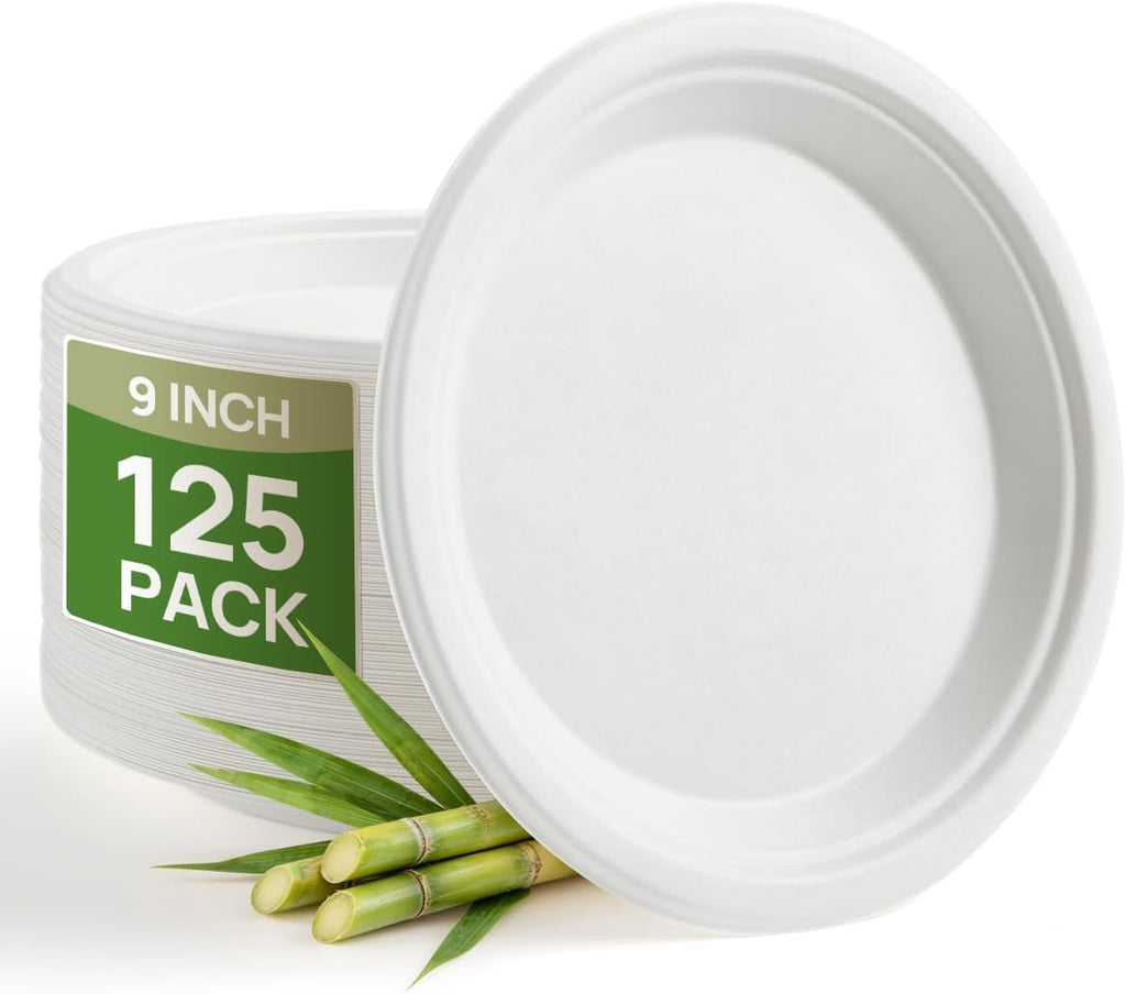 9 Inch White Compostable Sugarcane Paper Plates 125 Pack