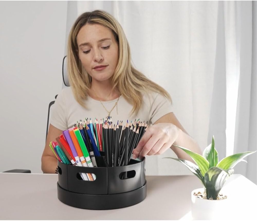 Black Rotating Desk Organizer with Dividers Lazy Susan Caddies for Home School Office Supplies, Pens, Markers and Art