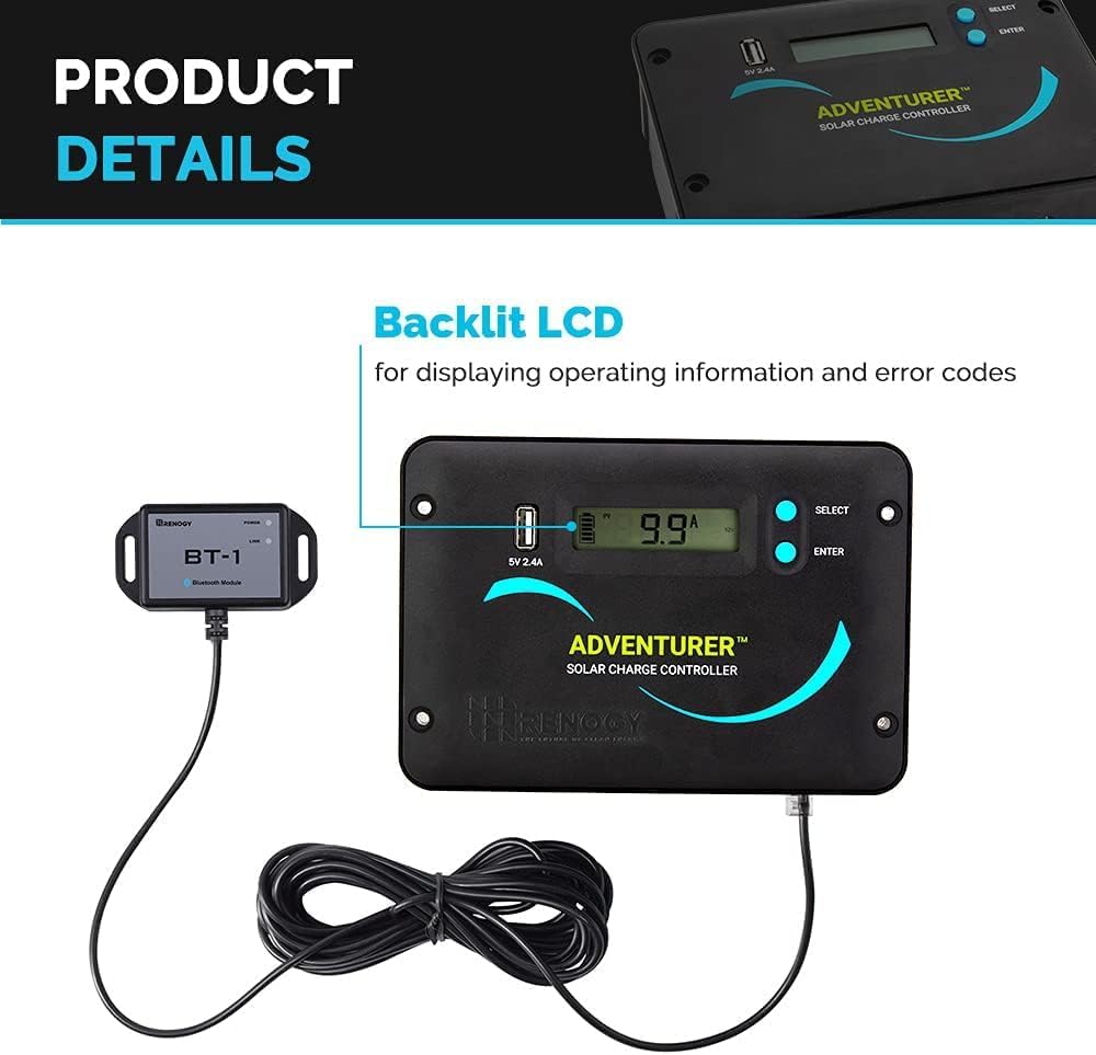 200W 12V N-Type RV Solar Panel Kit with Adventurer 30A Controller | Adventurer 30A LCD PWM Charge Controller +