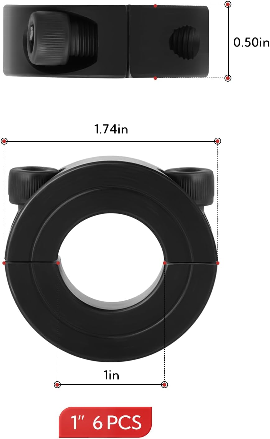 6 Pcs 1" Split Collar, Split Collar Clamp, Clamp-on Shaft Collars, Shaft Fixing Ring with Screws and Wrench
