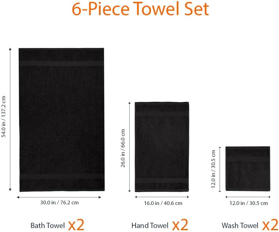 6-Piece Highly Absorbent Fade-Resistant Towel Set, 100% Cotton Towels for Bathroom, Soft, 2 Bath Towels, 2 Hand