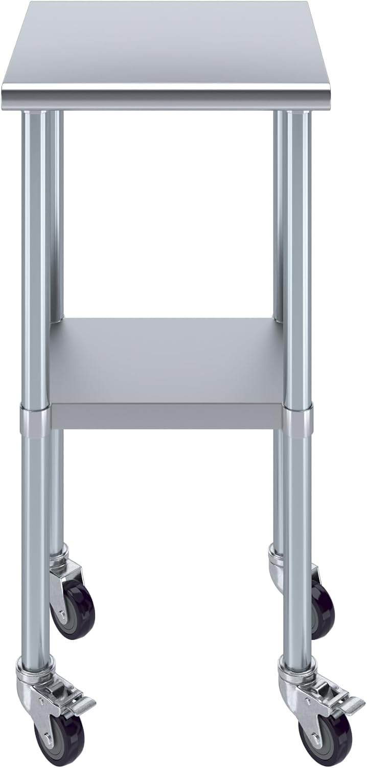 18" x 18" Stainless Steel Work Table with Casters | Heavy Duty Metal Utility Table On Wheels | Kitchen Island Cart