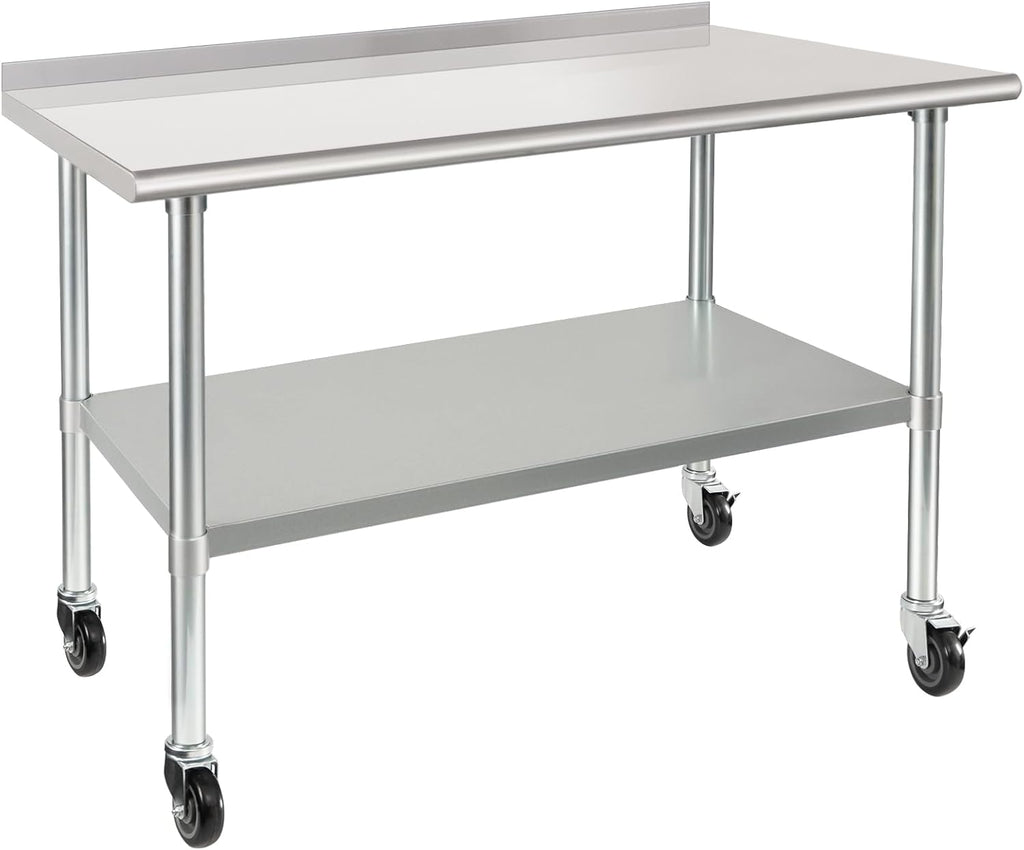 HARDURA Stainless Steel Table with Wheels 30X48 Inches, 2" Backsplash