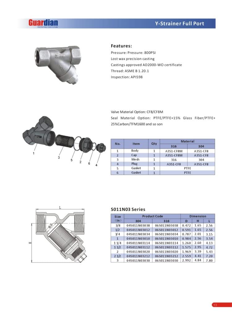 1" Y Strainer Stainless Steel 316 800 PSI WOG 20 Mesh