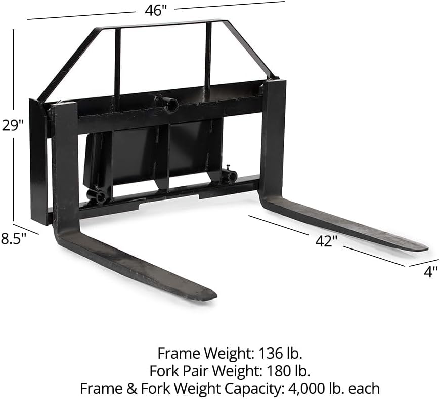 Mini Skid Steer Pallet Fork Frame, 42" Pallet Fork Blades, Universal SSQA Connection, Rated 4,000 LB, C2 Hay Spear &